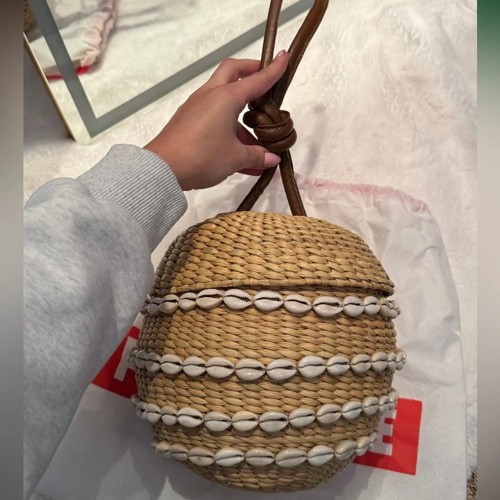 Woven Shell-Trim Wristlet Clutch in Natural